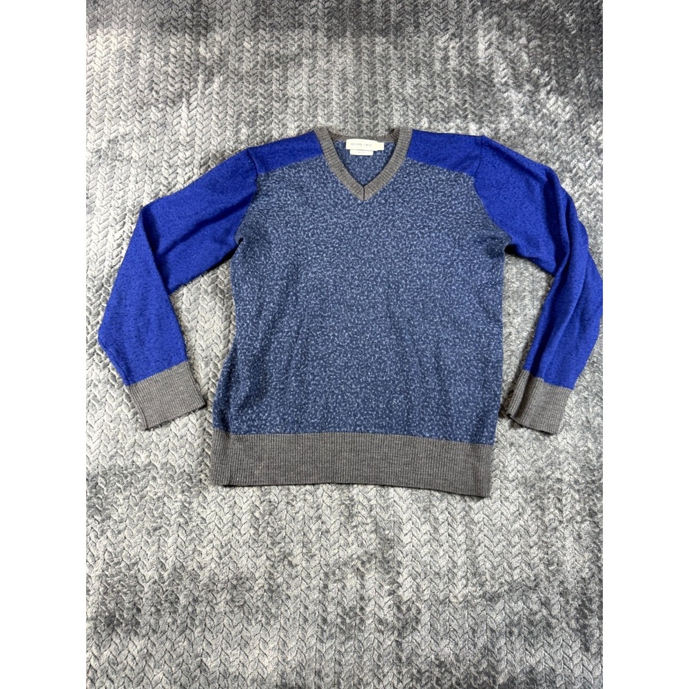 Arturo Calle Sweater Men Large Blue Gray Merino Wool Chunky Knit Slim Fit V Neck - Picture 1 of 7